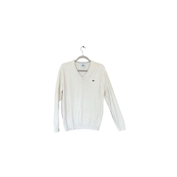 Lacoste Mens Cream V-neck Long Sleeve Ribbed Trim Logo Pullover Sweater Size 5 - Picture 6 of 9